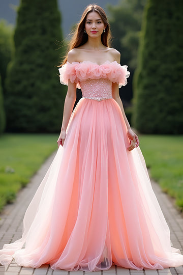 Prinsesse Pink Balkjole Flæsede Off the Shoulder Tyl Lang Gallakjole med Perlebeading